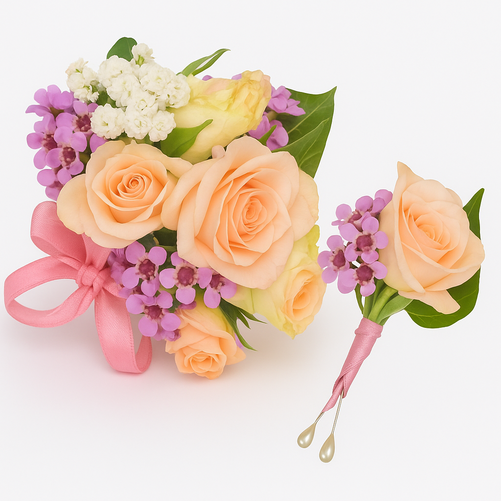 Floral corsage and boutonniere with pink and green accents on a white background