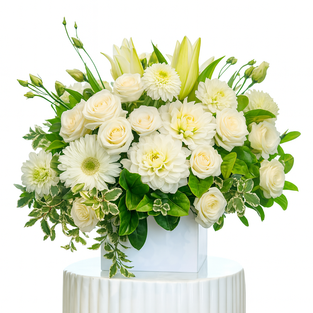 Bouquet of white flowers with green leaves in a clear vase on a white background