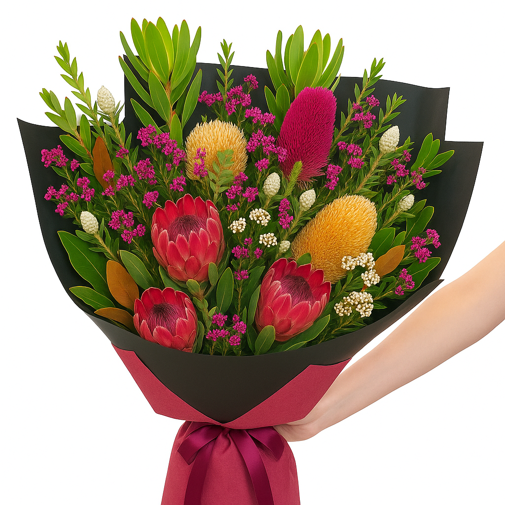 Bouquet of flowers with red protea, yellow banksia, and greenery, wrapped in black and pink paper.