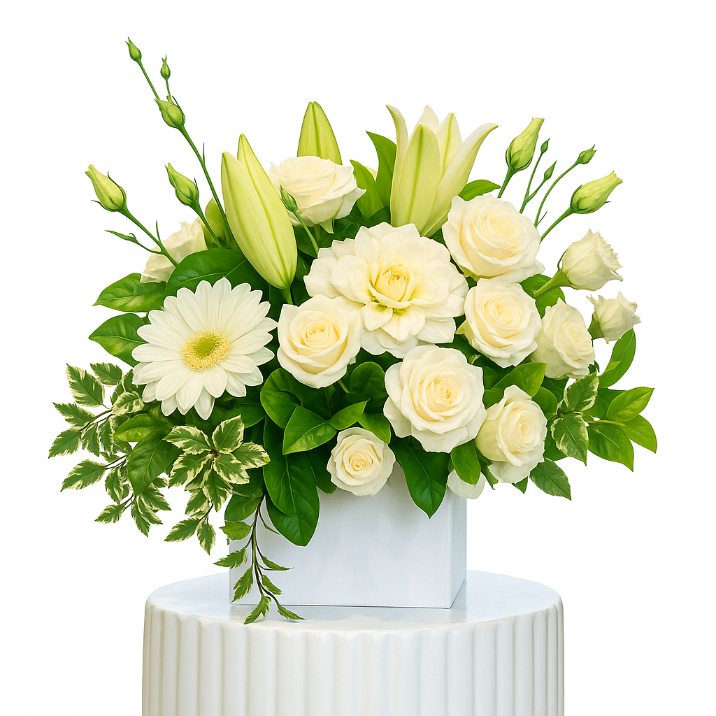 Bouquet of white flowers with green leaves in a white vase on a white background