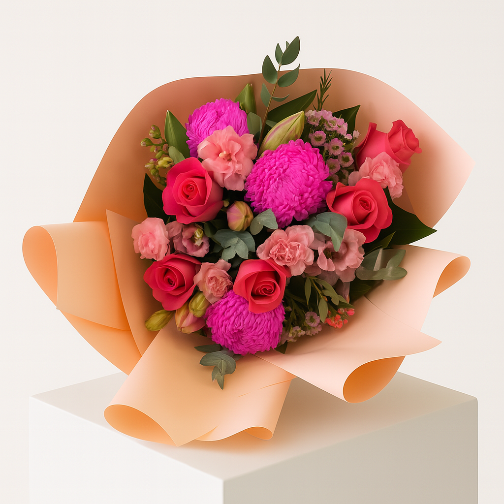 Bouquet of baby pink and hot pink flowers with orange paper wrap on a white background