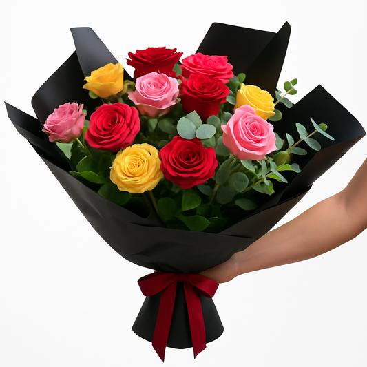 Mixed Coloured Roses Bouquet dozen 12