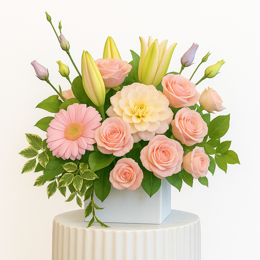 Floral arrangement with pink and yellow flowers in a white cube vase on a white background