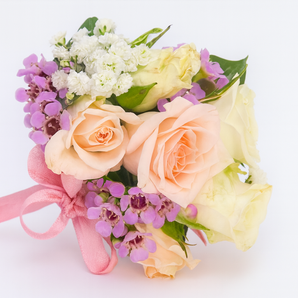 Corsage of pink and white flowers with a pink ribbon on a white background