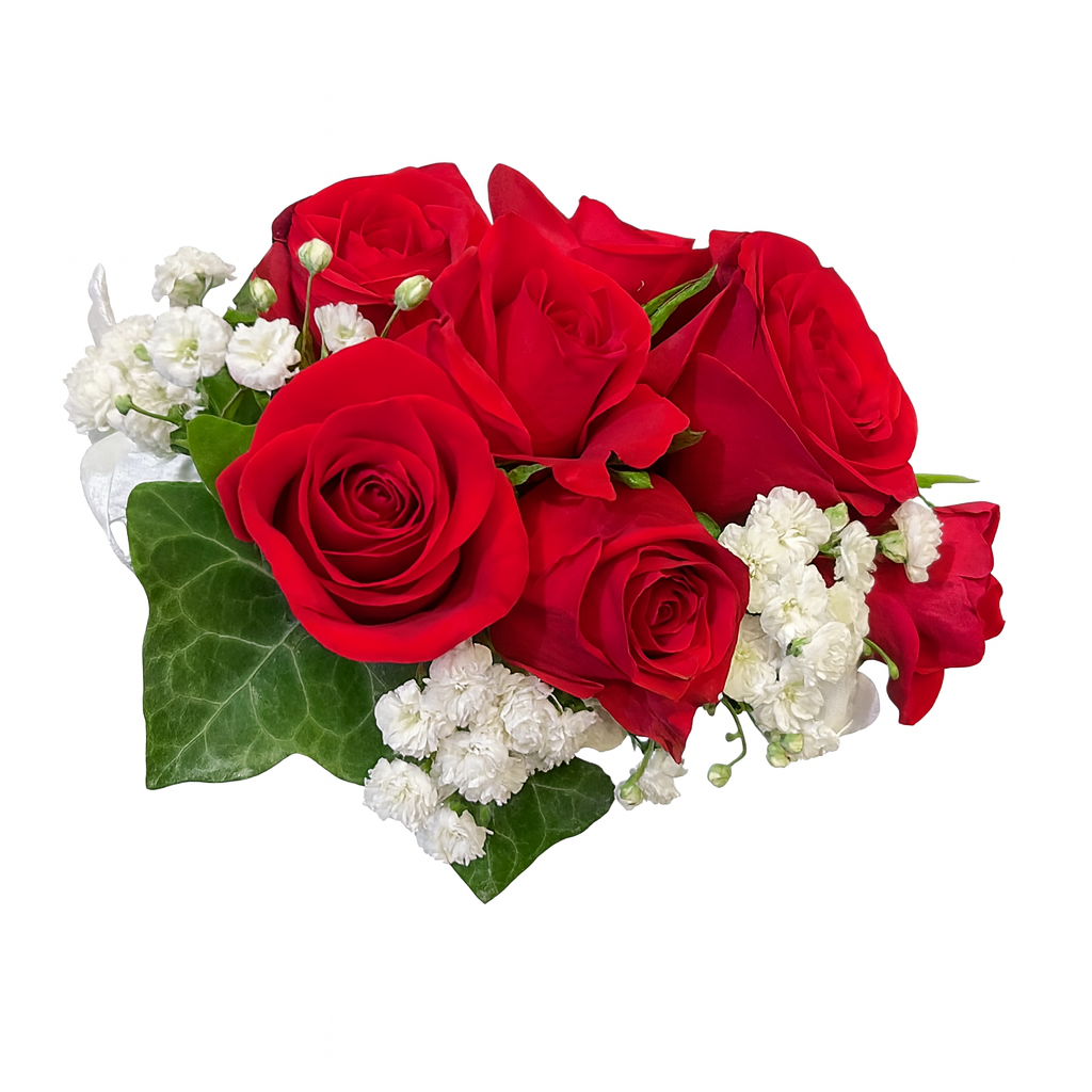 Corsage of mini red roses and white flowers on a white background