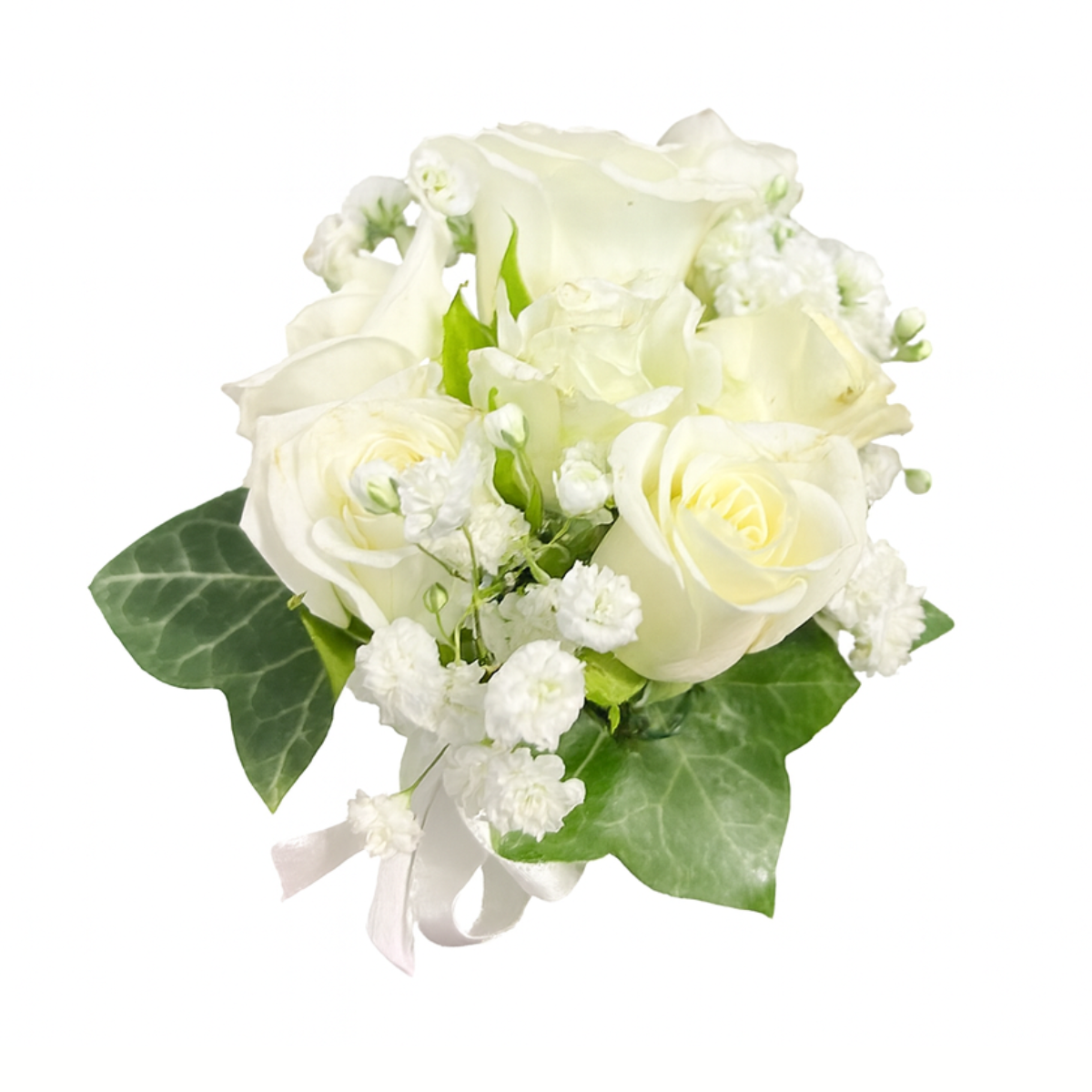 Corsage of mini white roses with green leaves on a white background