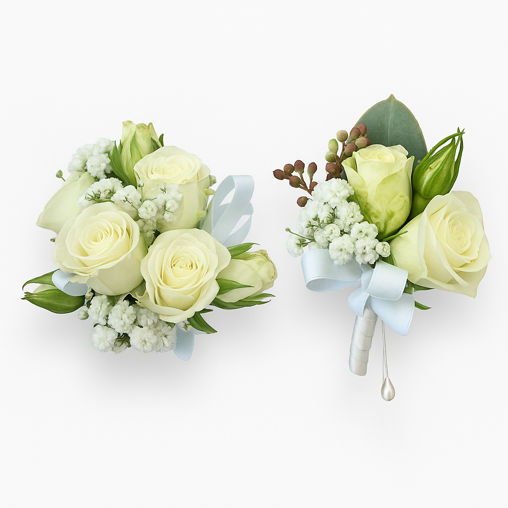 floral corsage and formal buttonhole with light green roses and baby's breath on a white background