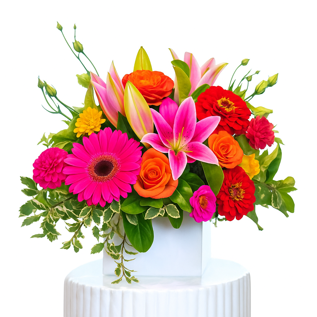 Colorful flower bouquet with pink, orange, and red flowers on a white background