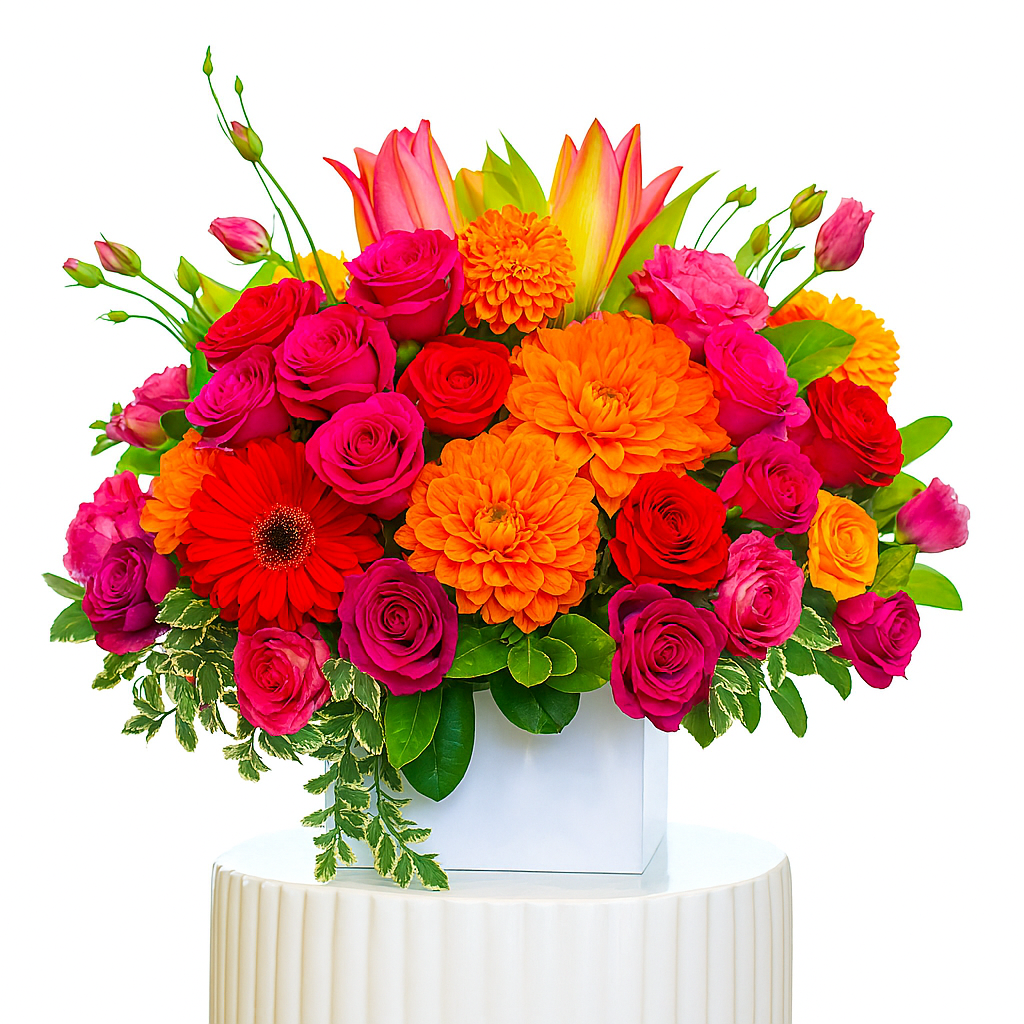 Colourful flower arrangement with pink, orange, and red flowers in a white vase on a white background