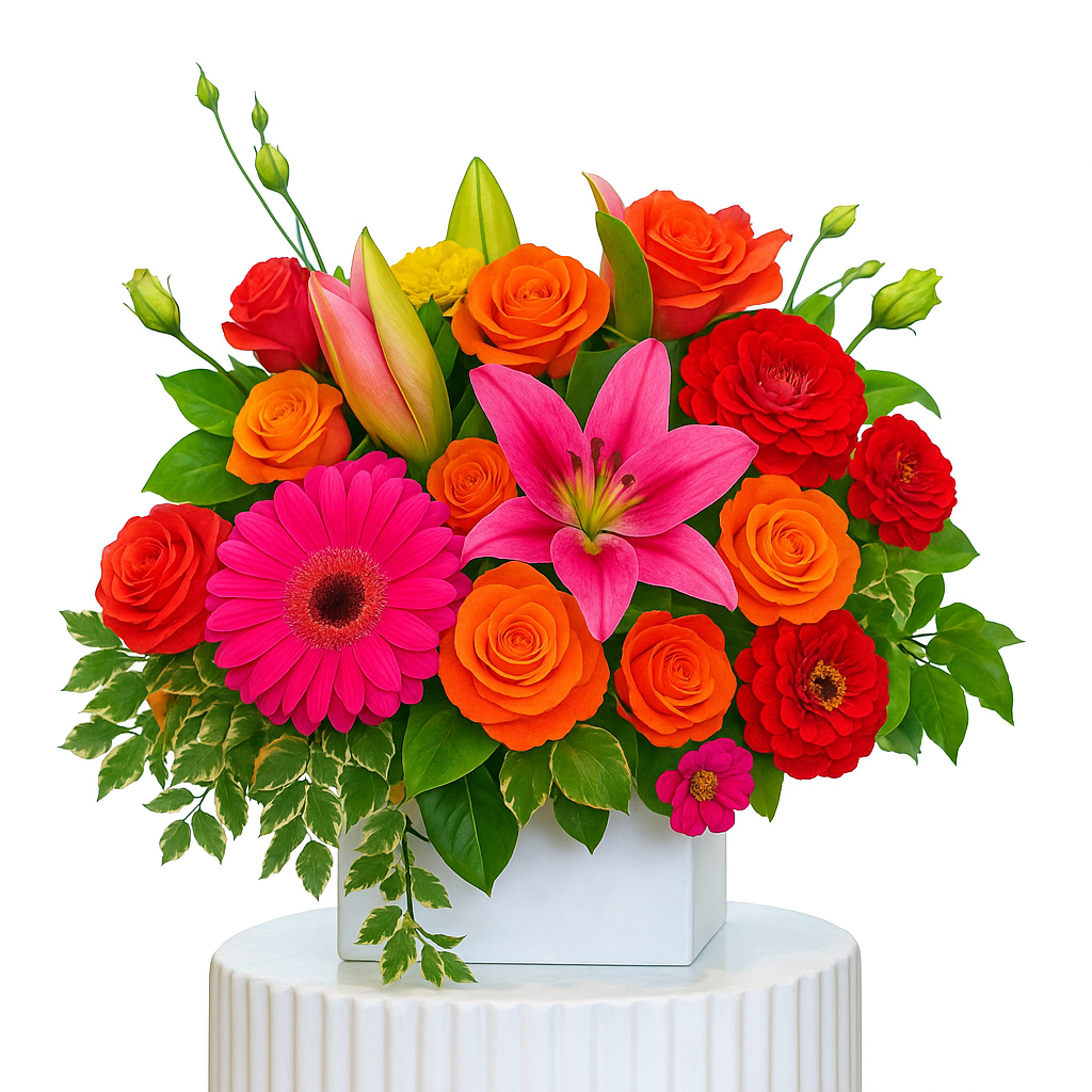 Colorful flower arrangement with red, orange, pink, and green flowers in a white vase on a white background.