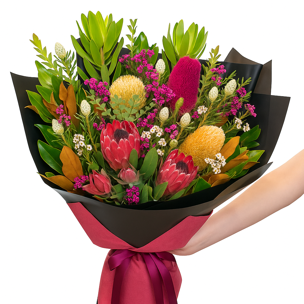 Bouquet of flowers with greenery and colorful proteas held by a person against a white background