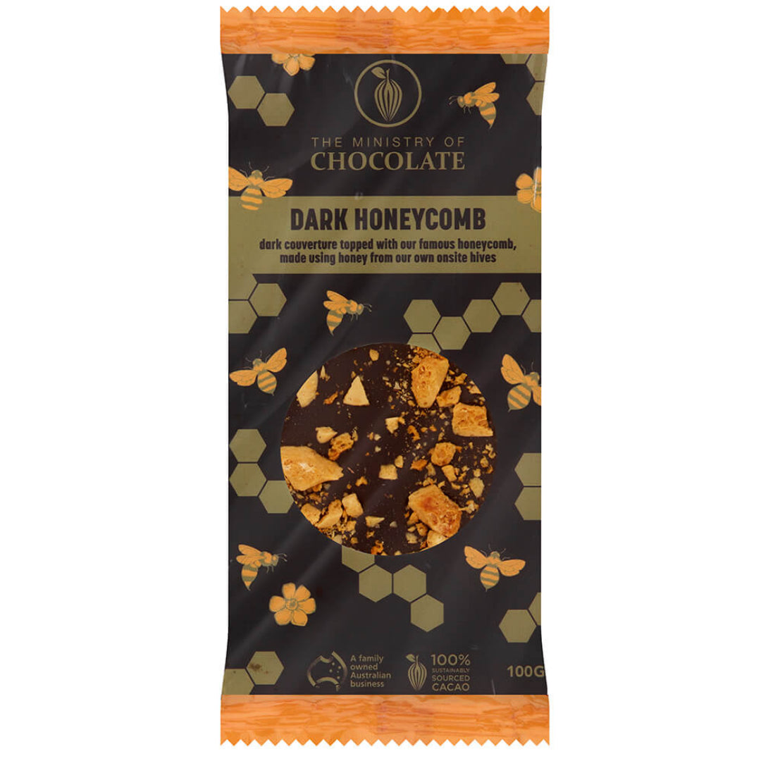 Packaged dark honeycomb with 'The Ministry of Chocolate' branding on a white background