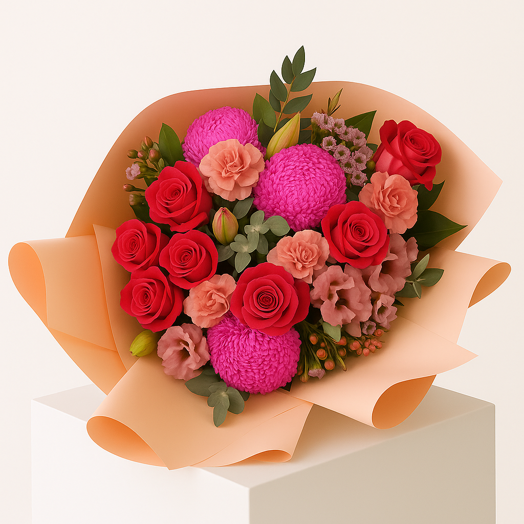 Bouquet of shades of pink flowers wrapped in orange paper on a light beige background