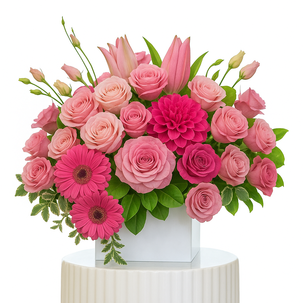 Bouquet of pink flowers including roses and daisies in a white container on a white background