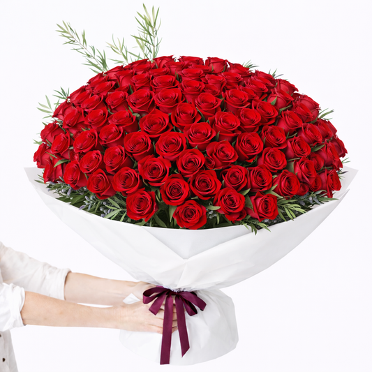 Bouquet of red roses wrapped in white paper with a hand holding it on a white background