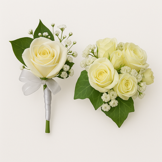 White rose boutonniere and corsage on a white background