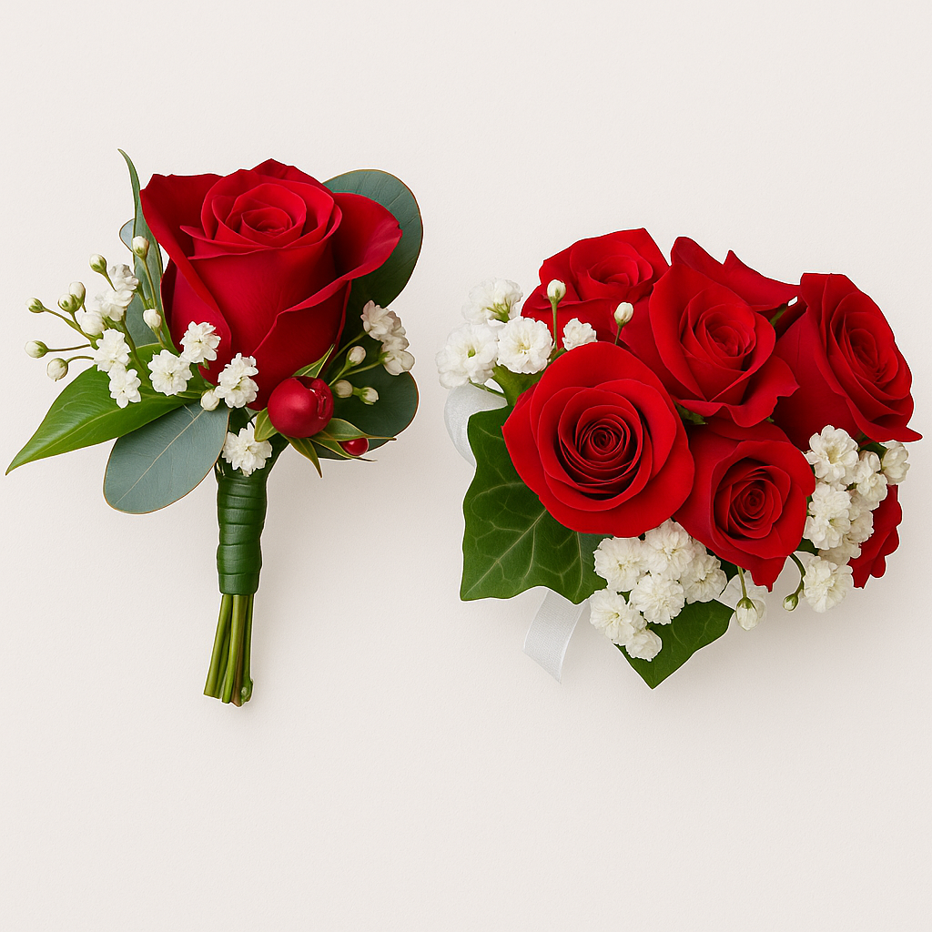 Red rose boutonniere and corsage on a white background