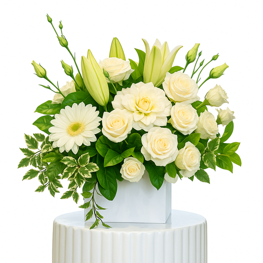 Bouquet of white flowers with green leaves in a white vase on a white background