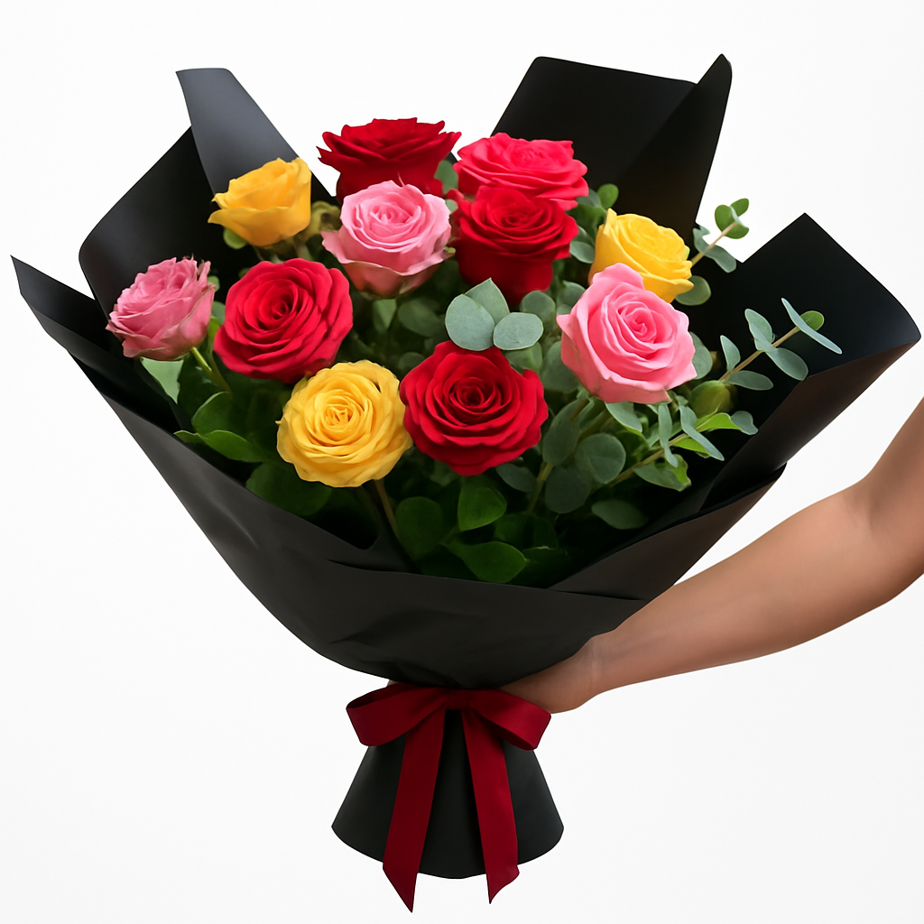 12 Mixed Coloured Roses Bouquet Sydney | Vibrant Rose Delivery ...